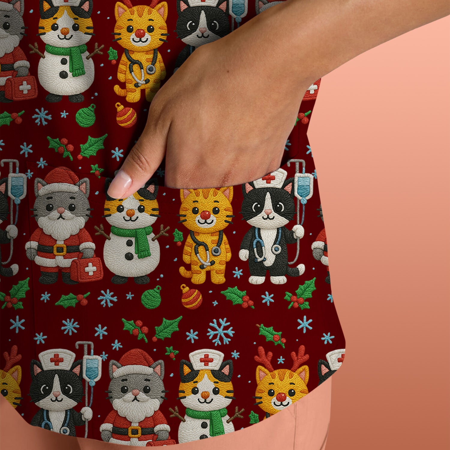 Christmas Cat Nurse Pattern Scrub Top, Cute Holiday Kitty Medical Uniform Shirt For Nursing