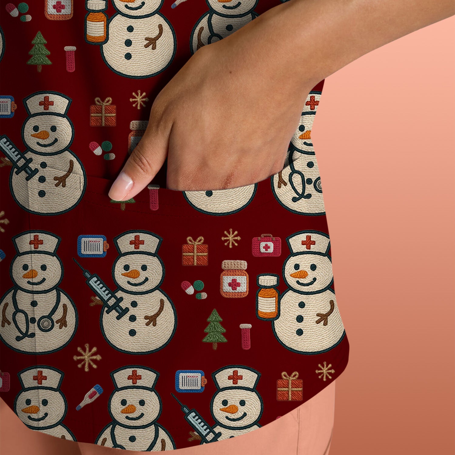 Snowman Nurse Christmas Scrub Top – Festive Medical Pattern Shirt – Cute Holiday Uniform For Nursing