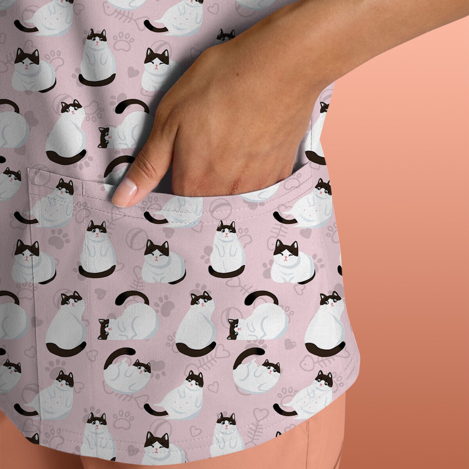 Cute Cat Pattern Medical Scrub Top, Breathable Fabrics Nursing Uniform