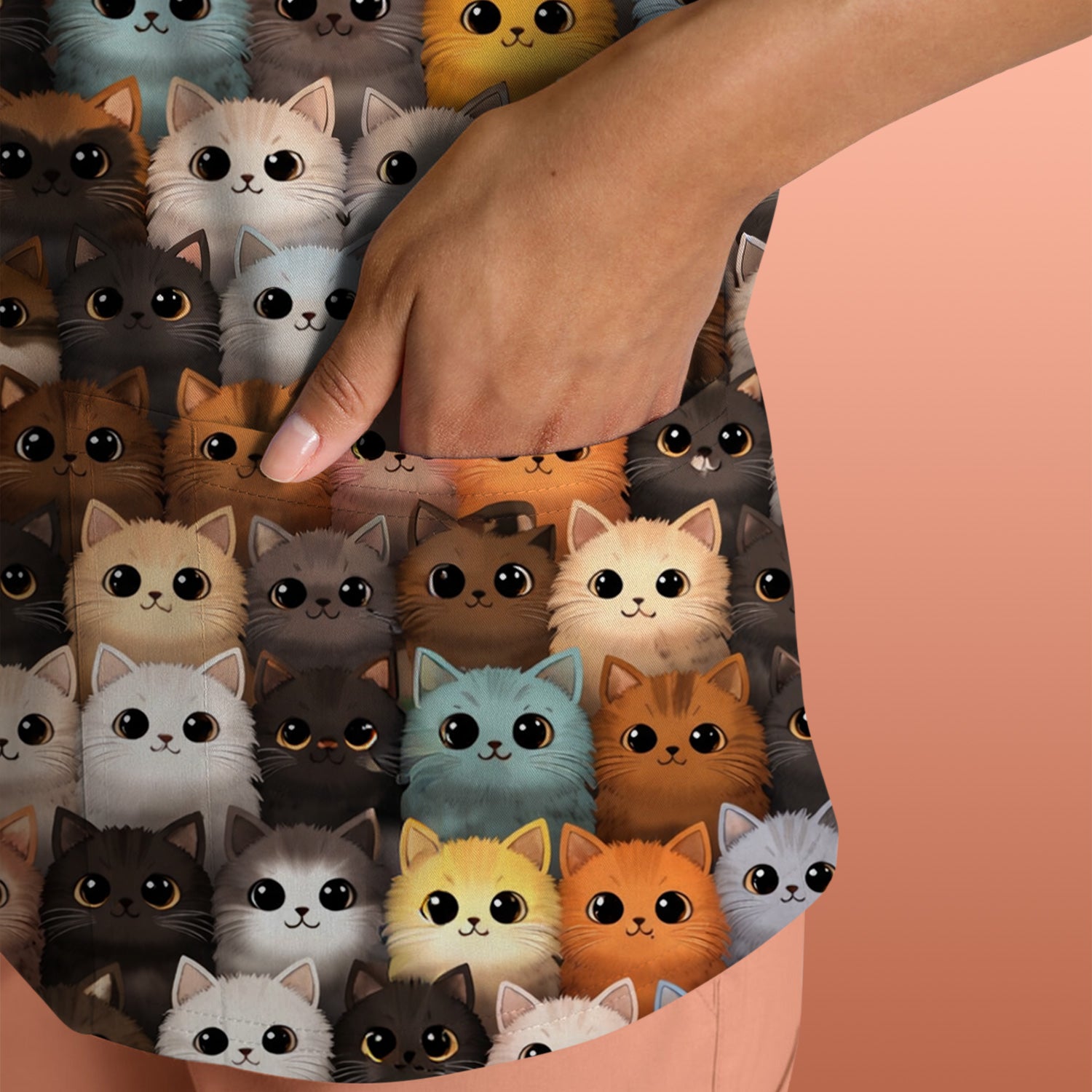 Cute Colorful Cat Pattern Scrub Top, Lightweight Medical Work Uniform
