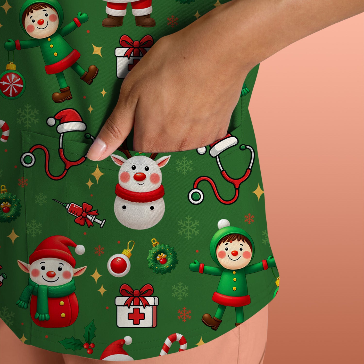 Santa Christmas Scrub Top - Cute Holiday Nurse Medical Shirt - Festive Reindeer Med Uniform for Women RN CNA LPN