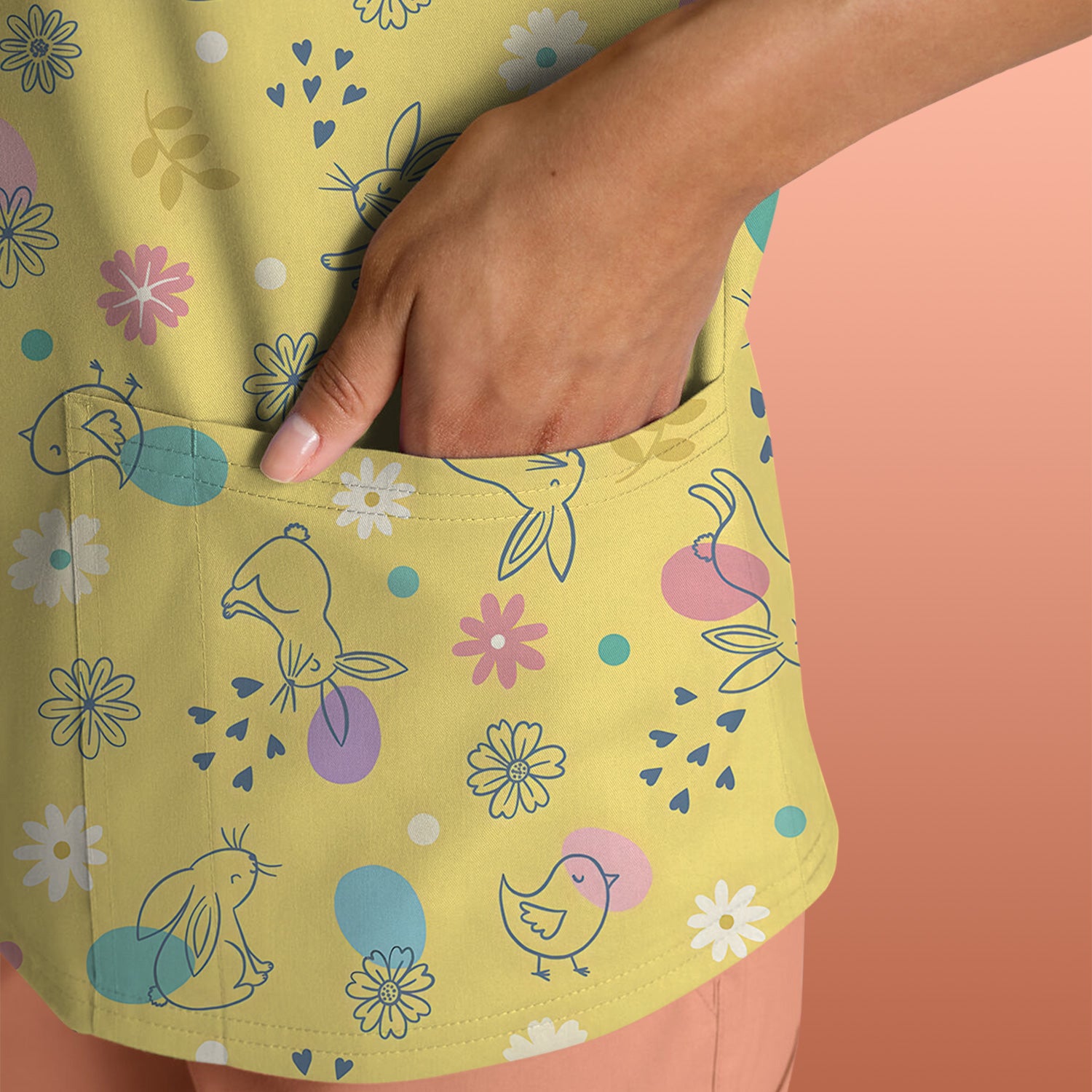 Whimsical Easter Bunny Eggs Pattern Scrub Top, Comfortable Scrubs for Nurses