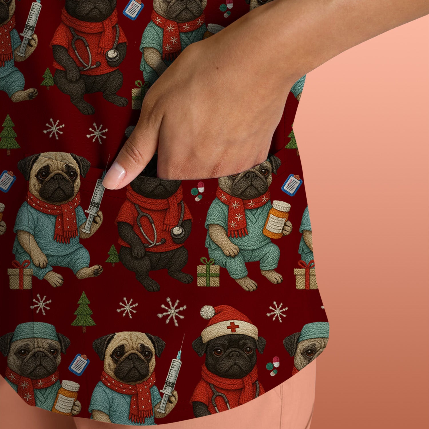 Christmas Pug Nurse Scrub Top, Cute Holiday Dog Medical Uniform Shirt For Nursing