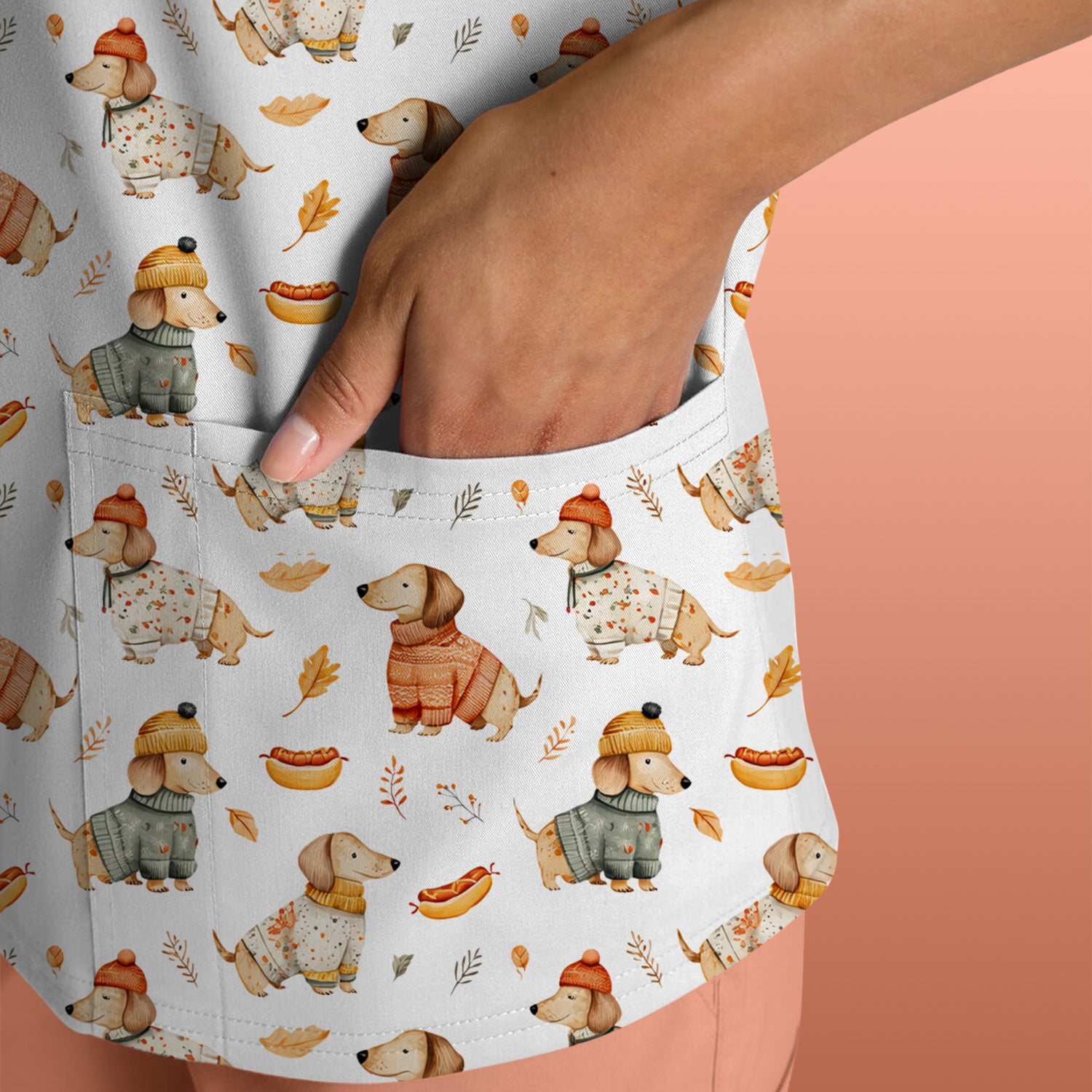 Autumn Dachshund Dog Sweater Print Scrub Top, Comfortable Scrubs for Nurses