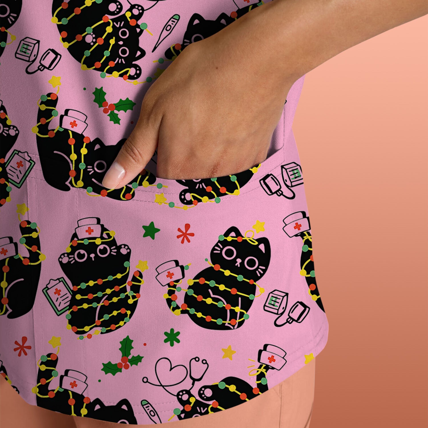 Black Cat Christmas Scrub Top – Nurse & Holiday Lights Pattern Shirt – Cute Medical Uniform For Nursing