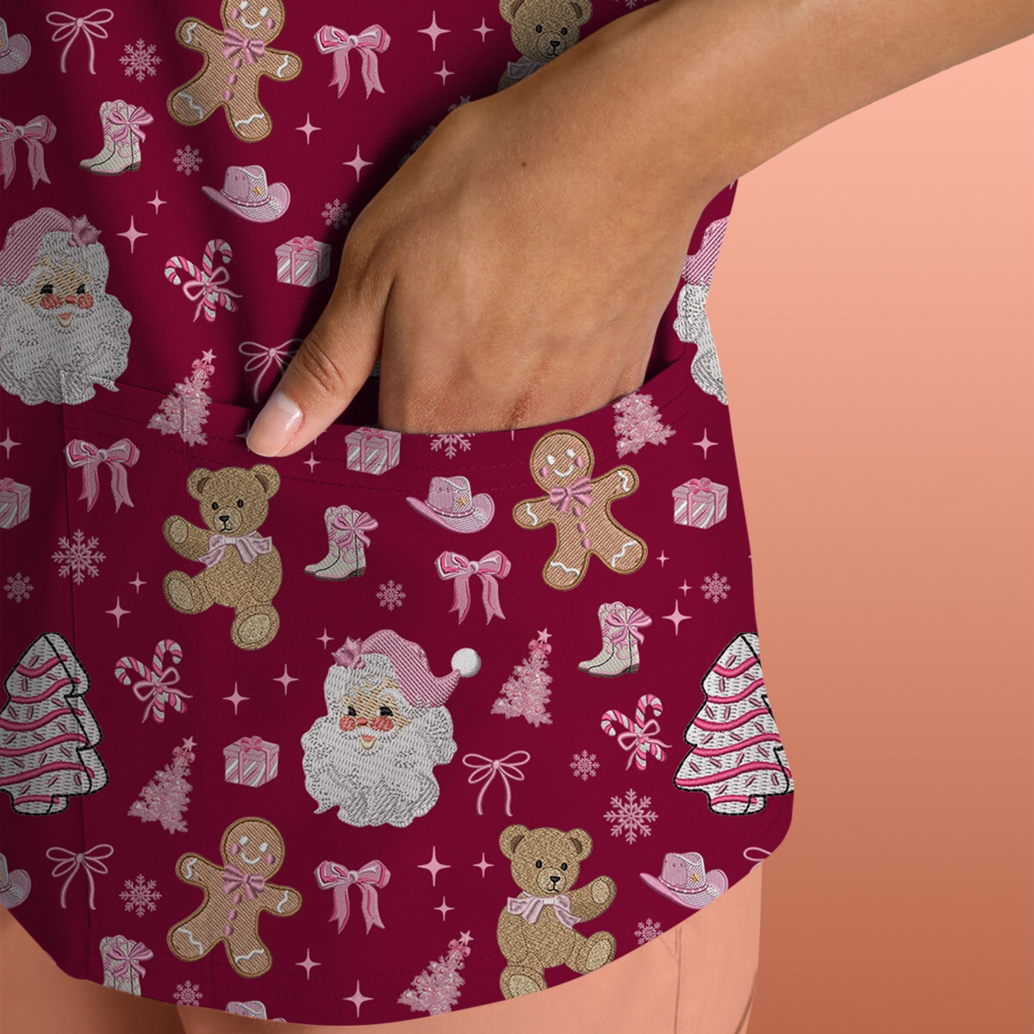 Pink Christmas Santa Gingerbread Scrub Top, Cute Holiday Medical Pattern Shirt, Breathable Fabrics Nursing Uniform