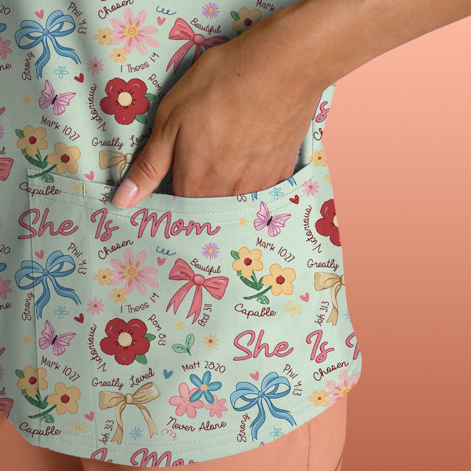 She Is Mom Floral Bow Pattern Scrub Top, Comfortable Scrubs for Nurses