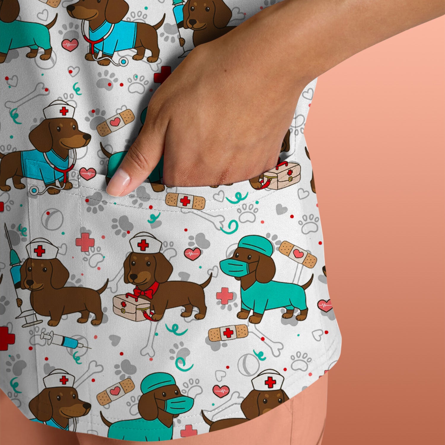 Cute Wiener Dog Dachshund Nurse Scrub Top, Funny Dachshund Dog Scrubs Shirt, Breathable Fabrics Nursing Uniform