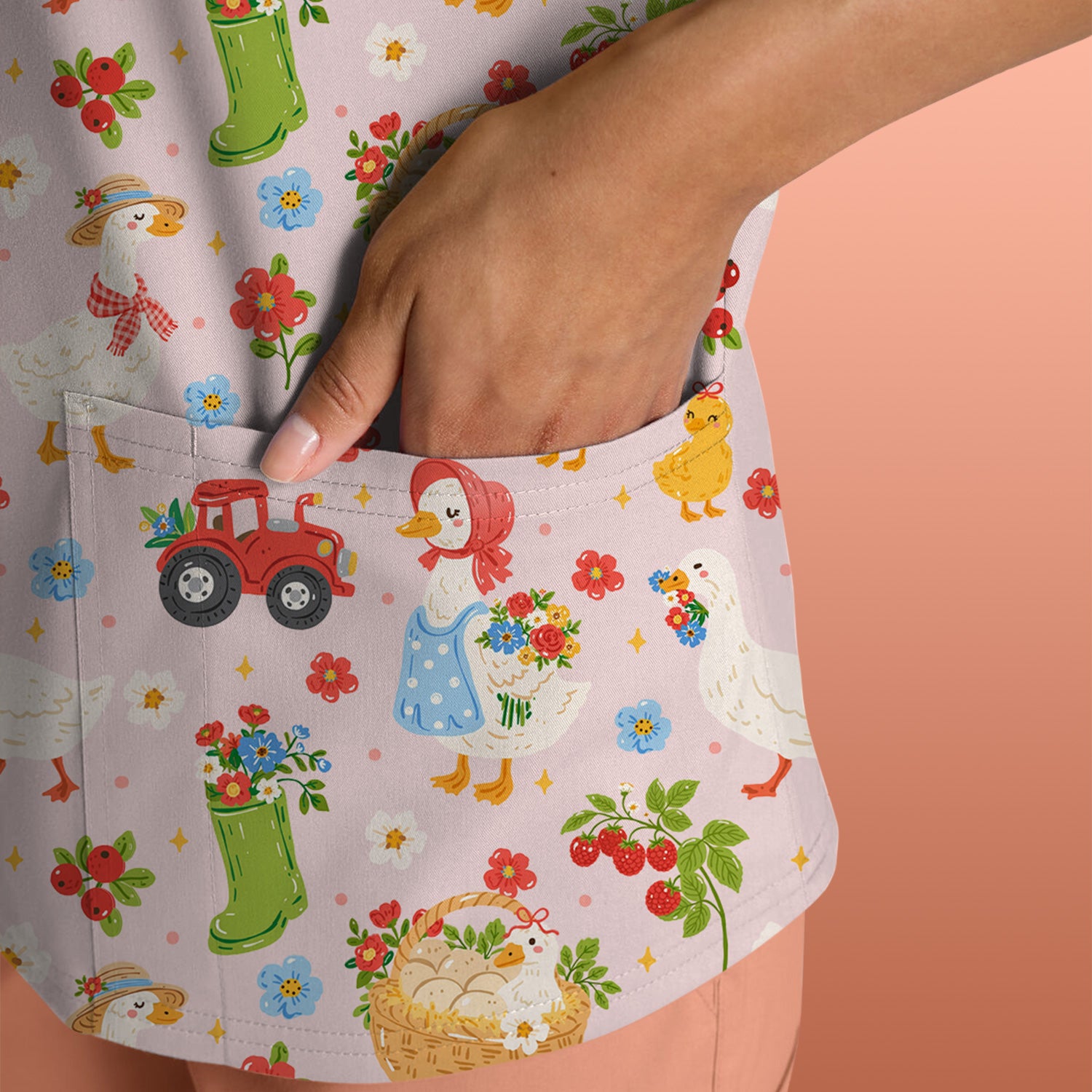 Farm Duck Chicken Tractor Flower Basket Scrub Top, Breathable Fabrics Nursing Uniform