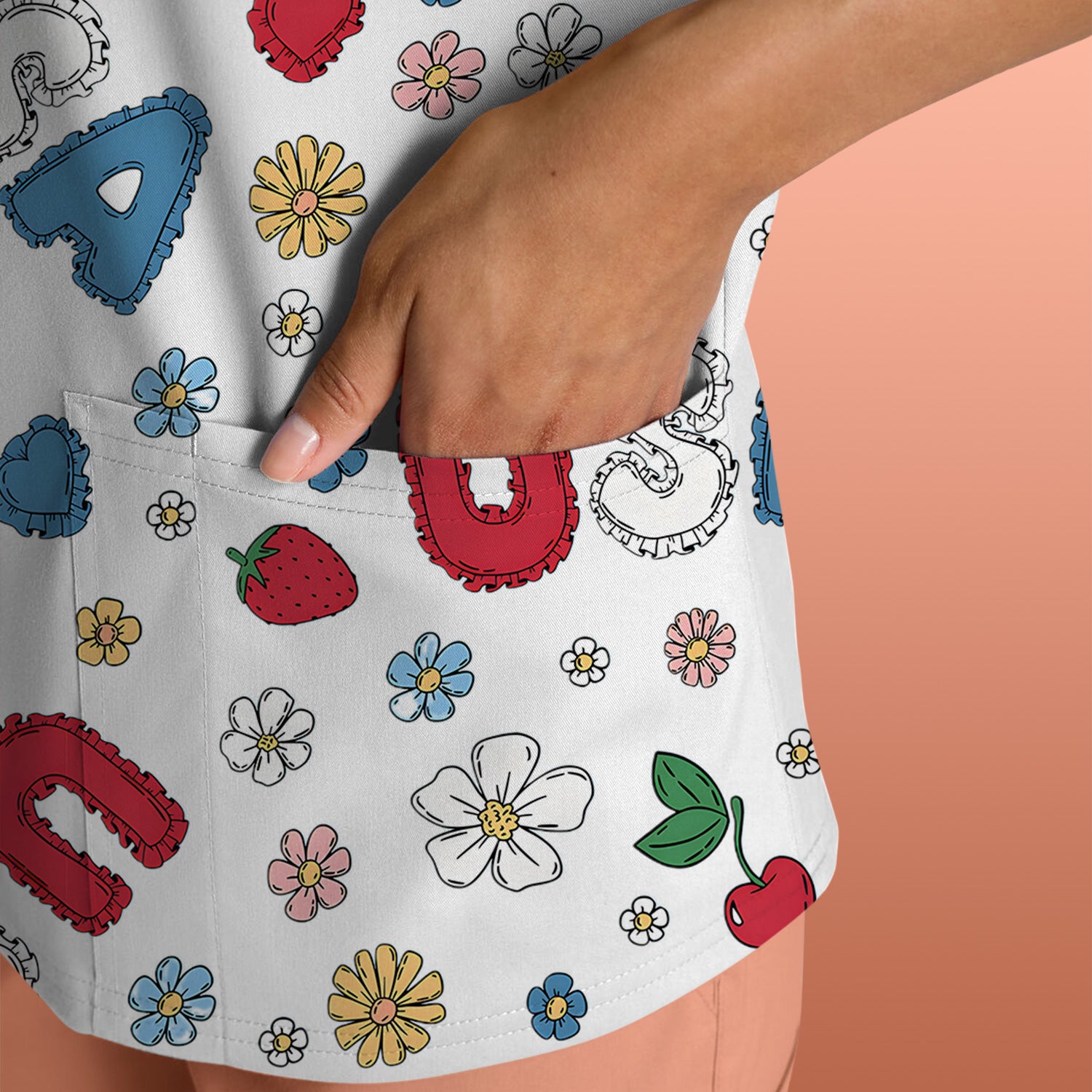USA Cherry Strawberry Floral Patch Pattern Scrub Top, Comfortable Scrubs for Nurses