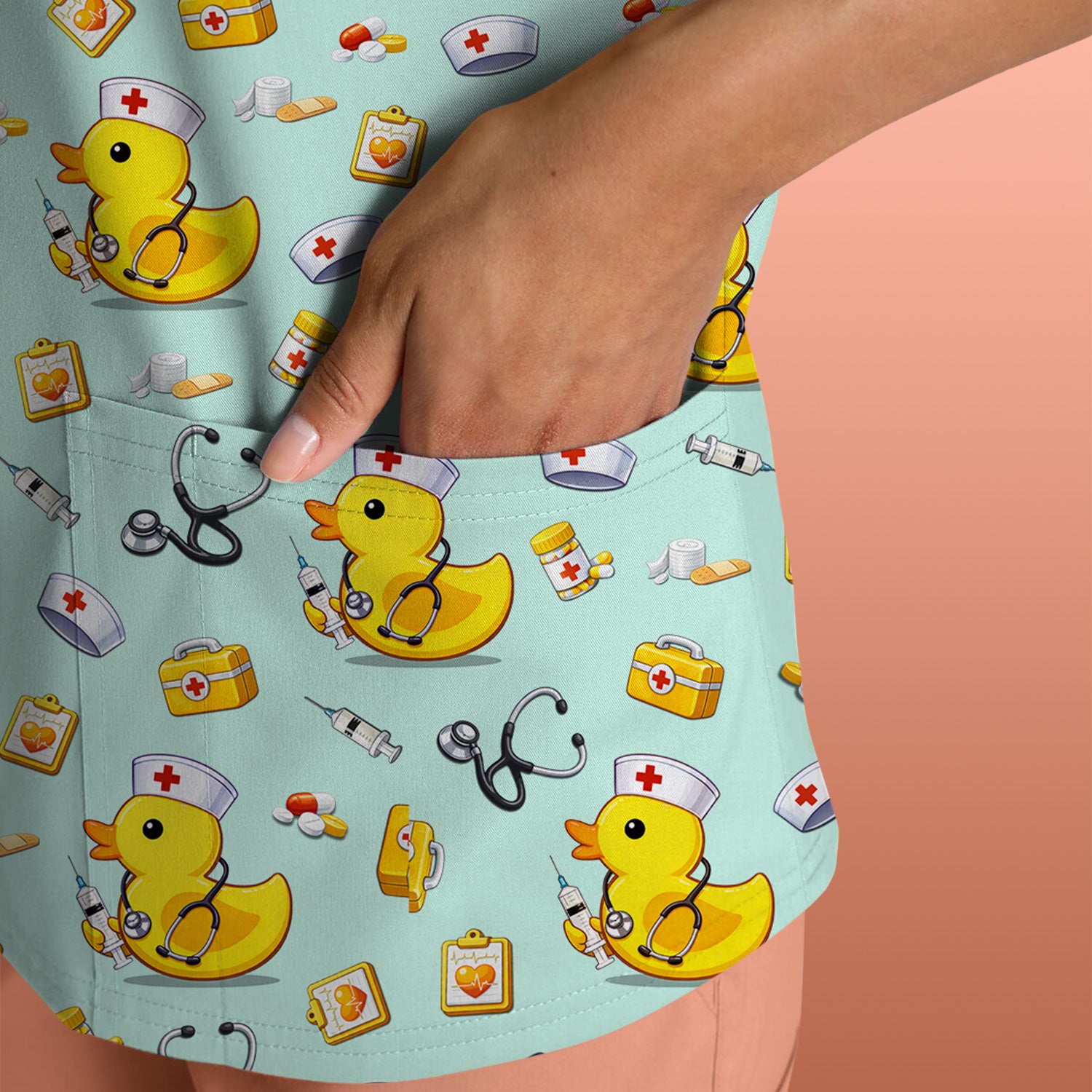 Playful Medical Duck Print Nurse Scrub Top, Comfortable Scrubs for Nurses