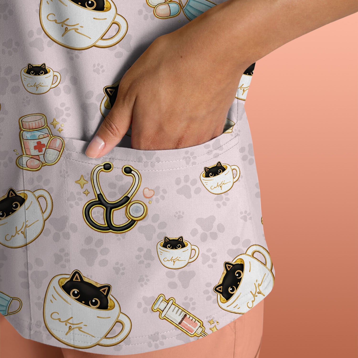Cute Coffee Cat Medical Print Scrub Top, Breathable Fabrics Nursing Uniform
