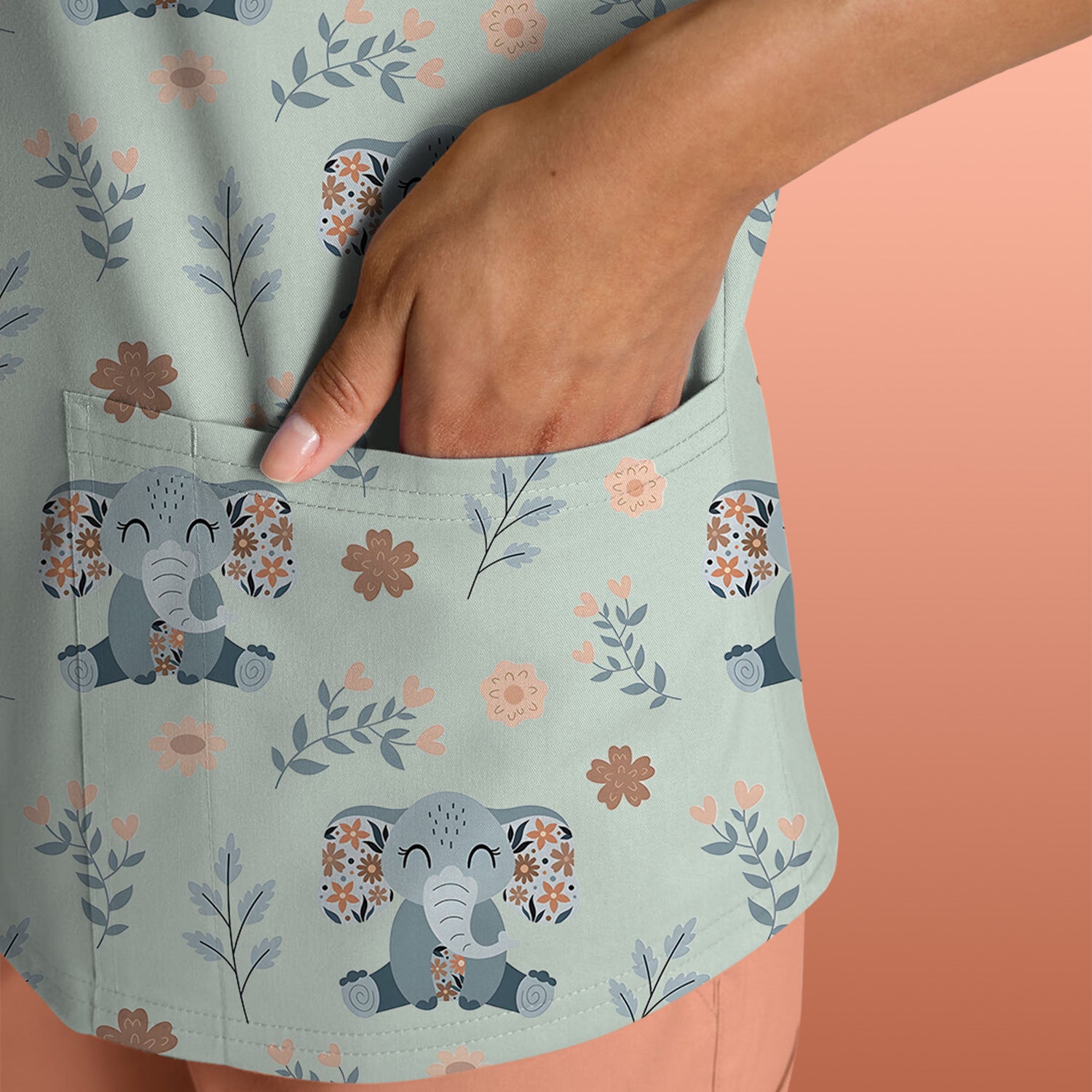 Cute Elephant Floral Print Scrub Top, Comfortable Scrubs for Nurses