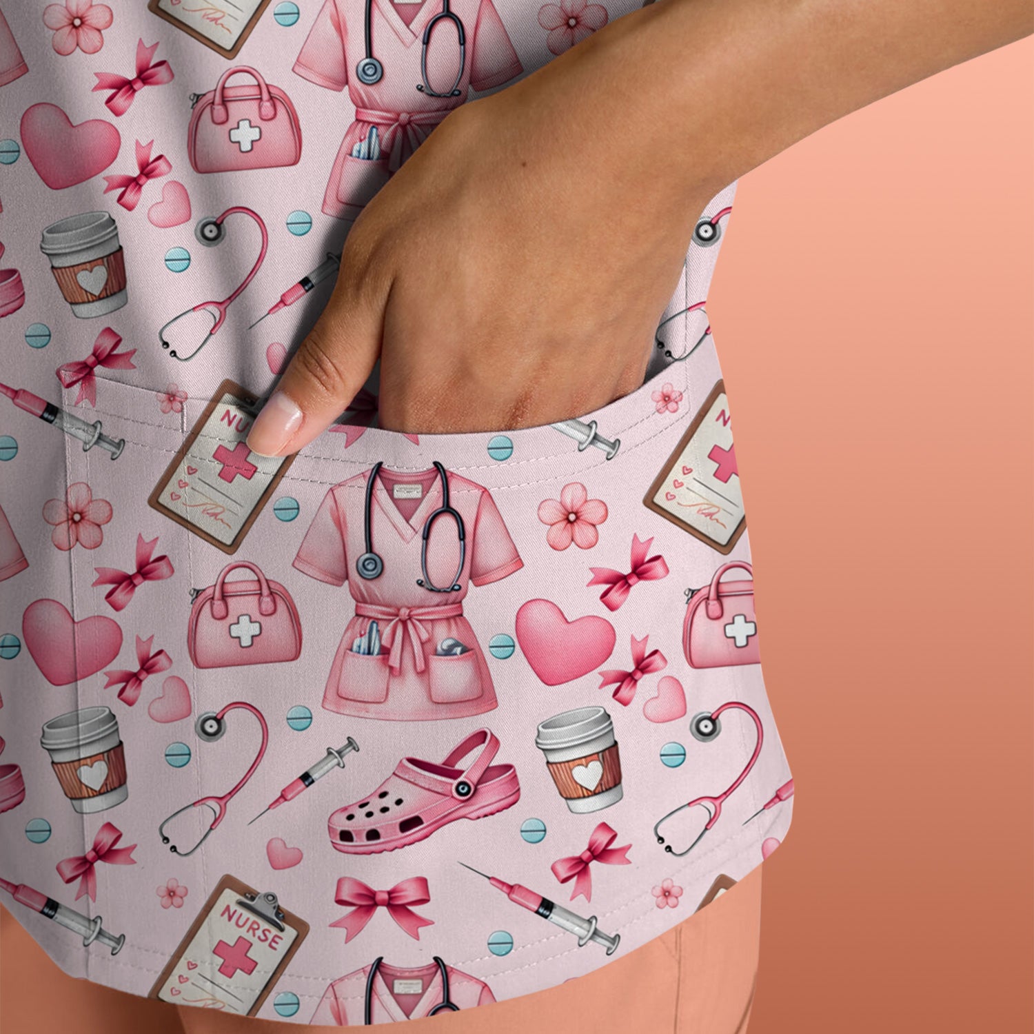 Valentine Pink Nurse Icons Print Scrub Top, Comfortable Scrubs for Nurses