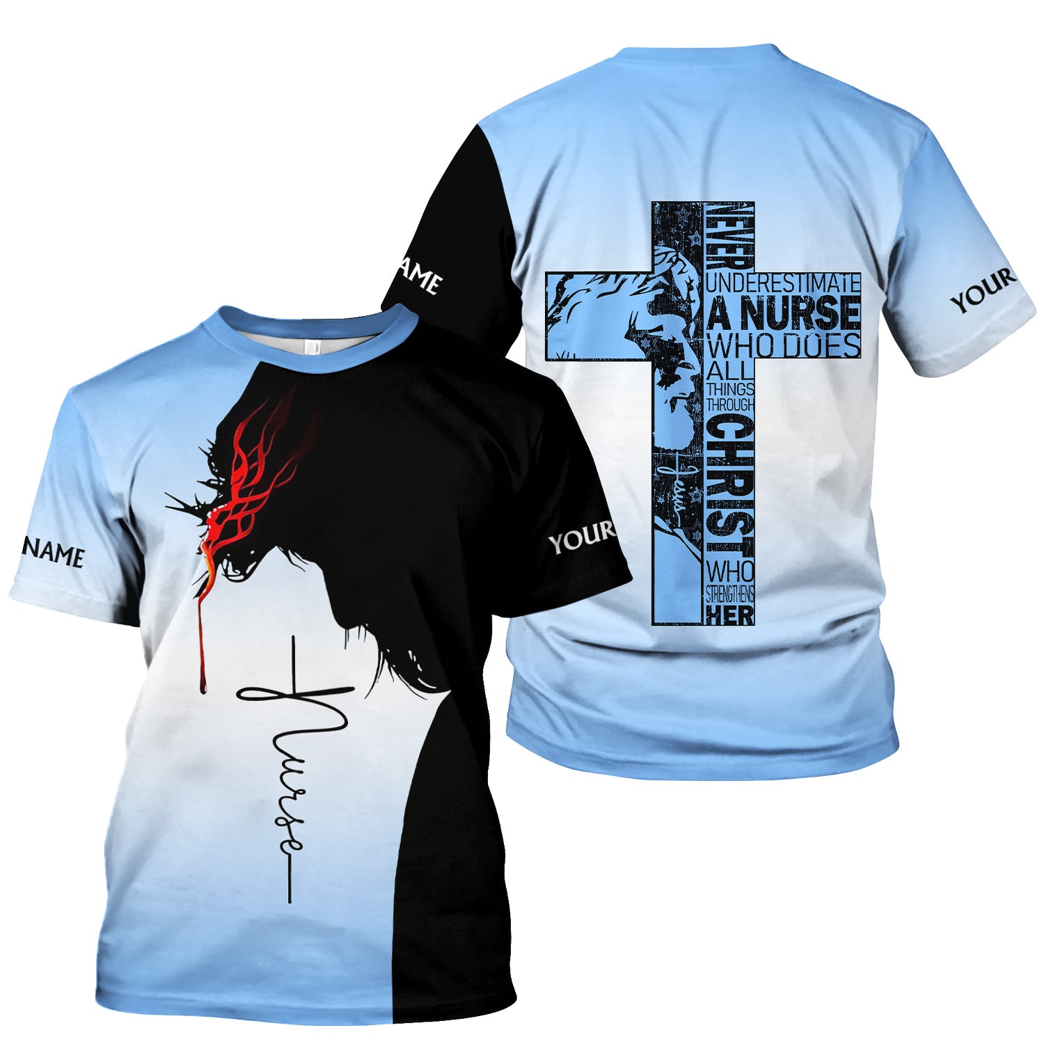 Personalized Christian Nurse Scrub Top - Christian Cross & Jesus Faith Design - Gift for RN LPN CNA