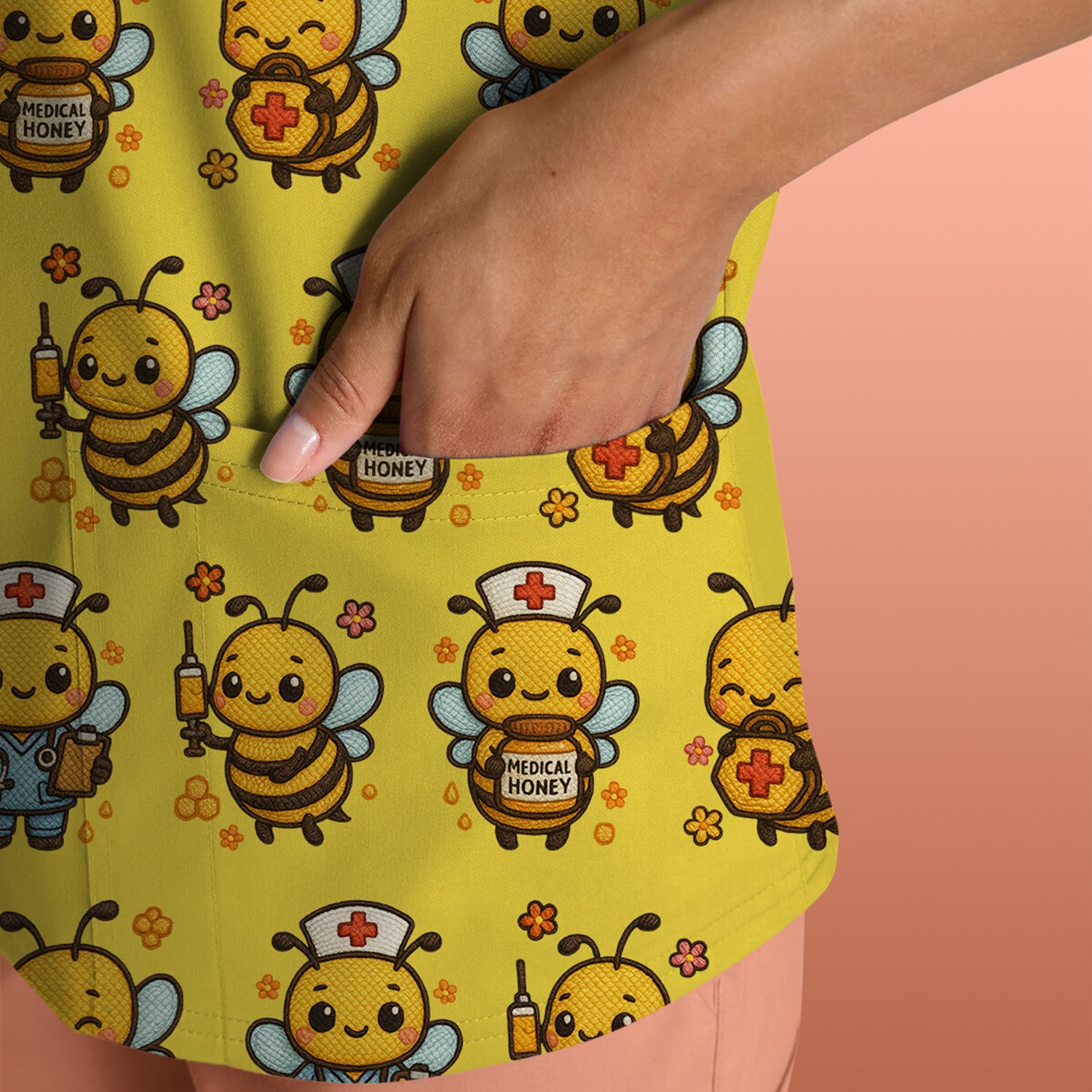Cute Nurse Bee Scrub Top, Kawaii Medical Honey Bee Pattern Shirt for Nursing Professionals