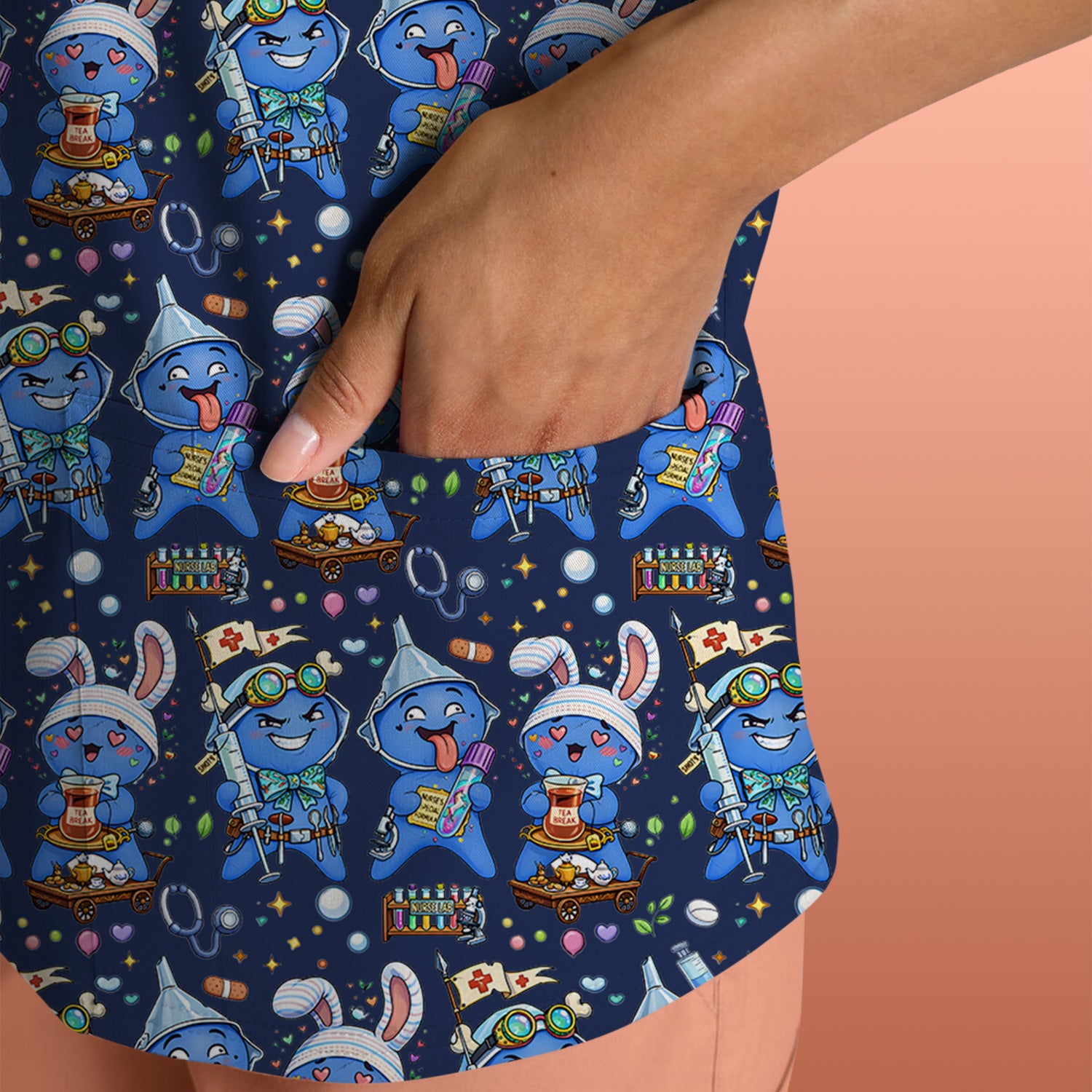 Cute Glove Doll Hospital Medical Cartoon Nurse Pattern Scrub Top, Comfortable Scrubs for Nurses