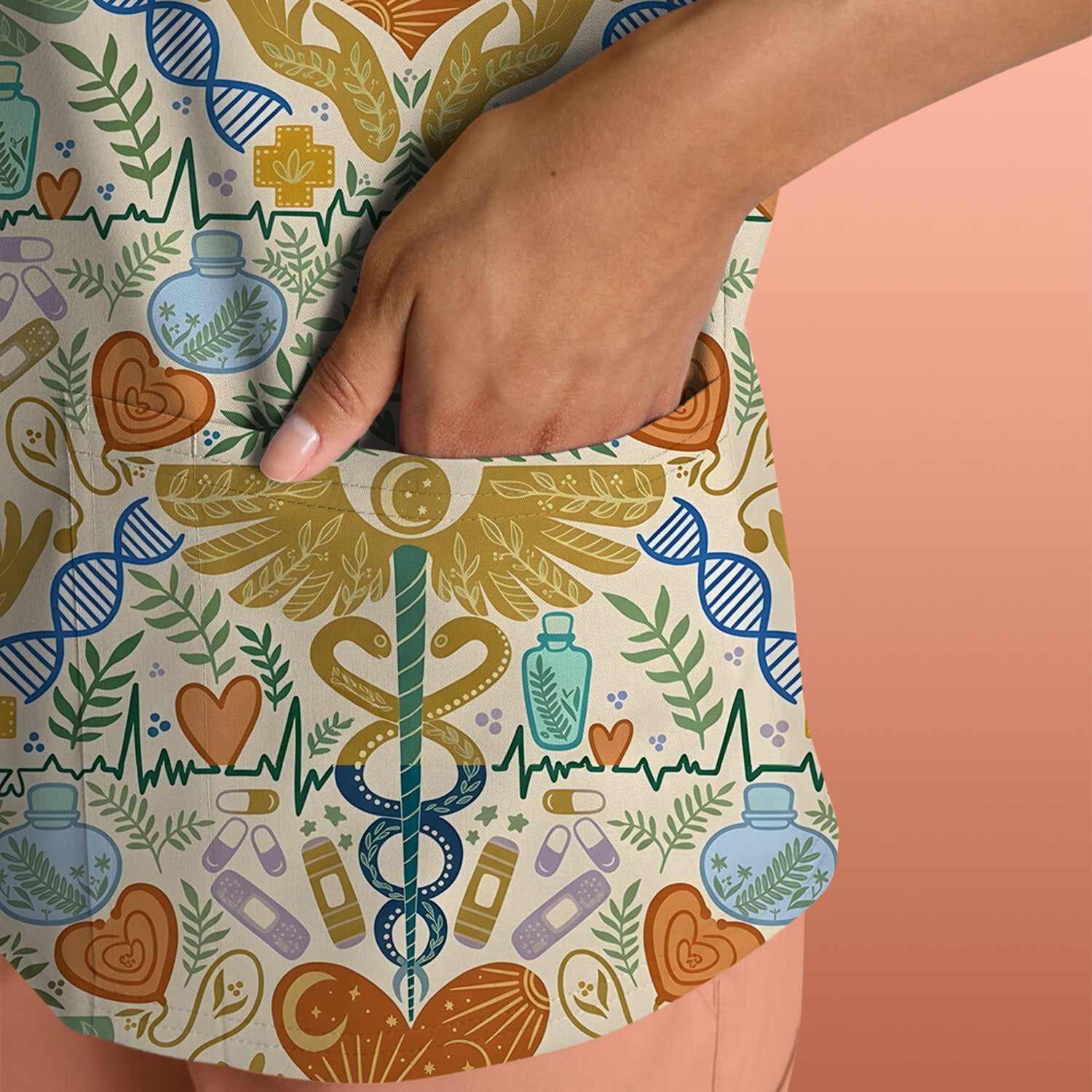 Inspirational Botanical Medical Caduceus Heart Nurse Pattern Scrub Top, Breathable Fabrics Nursing Uniform
