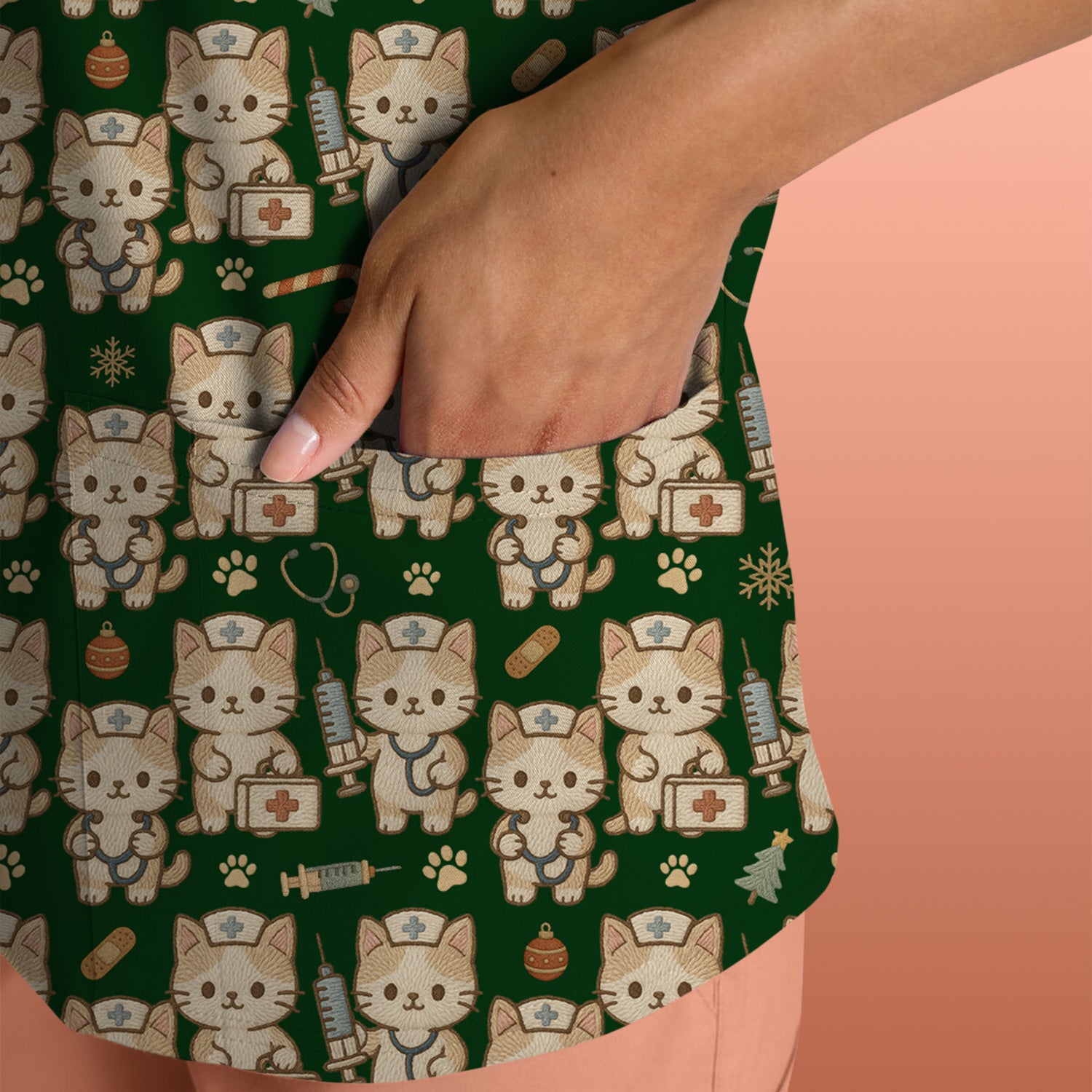 Cute Cat Nurse Christmas Scrub Top, Kawaii Kitty Medical Pattern Shirt, Breathable Fabrics Nursing Uniform