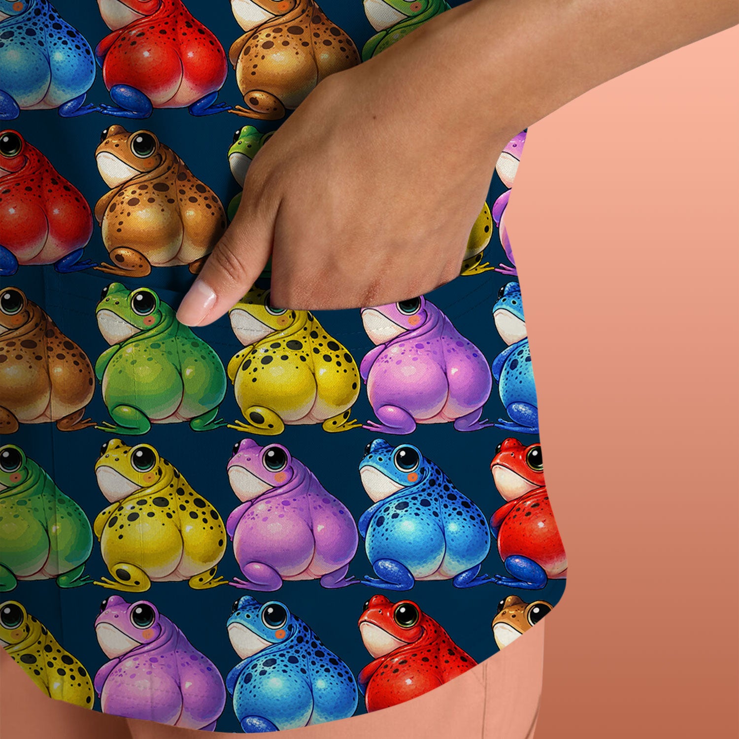 Funny Colorful Frogs Pattern Scrubs Top, Comfortable Scrubs for Nurses