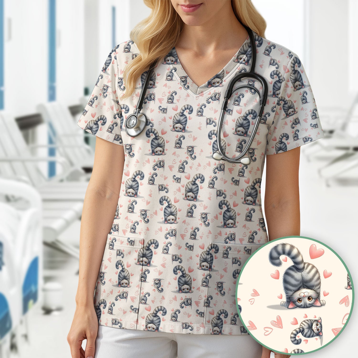 Valentine Cute Cat Scrub Top, Cat Heart Pattern Nurse Uniform, Comfortable Scrubs For Nurses