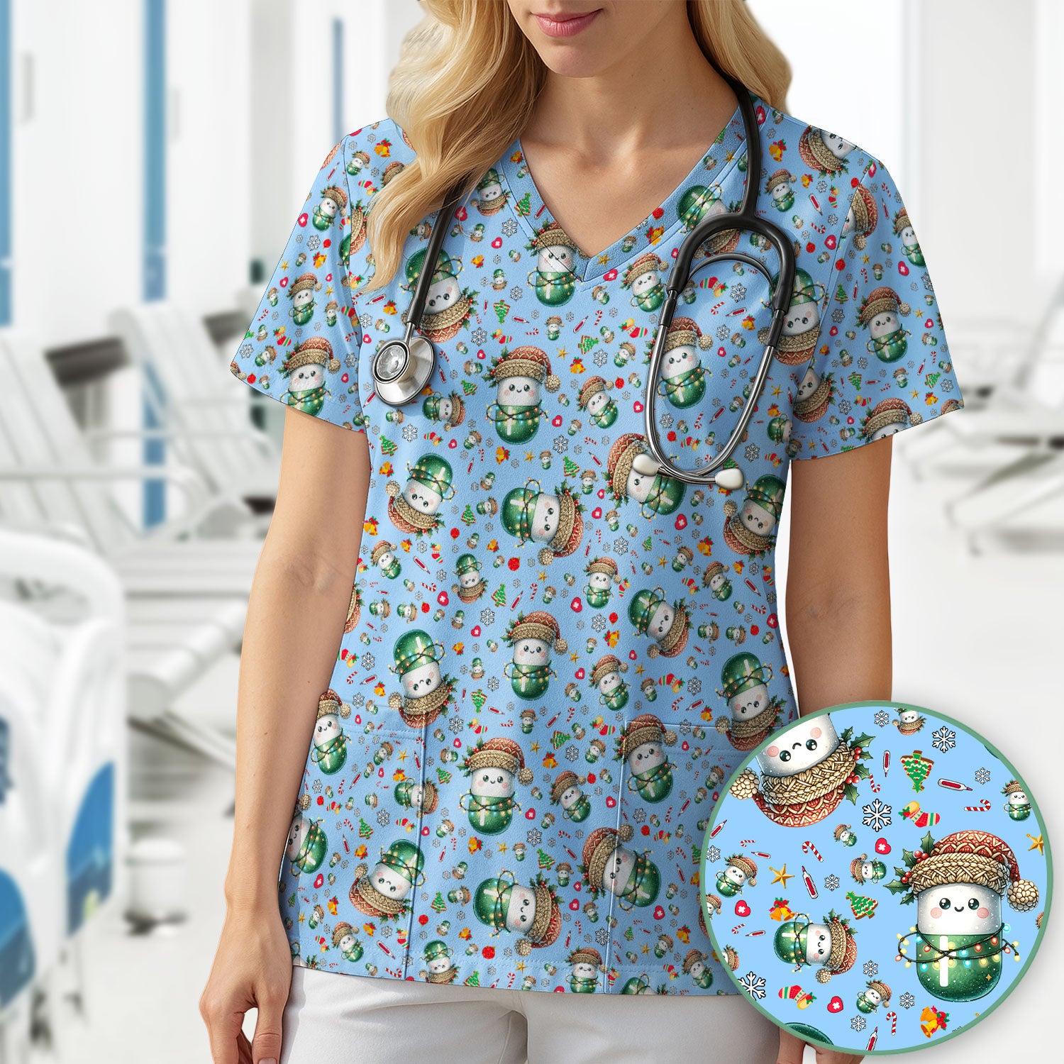Pharmacy Tech Christmas Scrub Top – Cute Green Snowman Print Nurse Outfit – Funny Holiday Medical Uniform for Pharmacists
