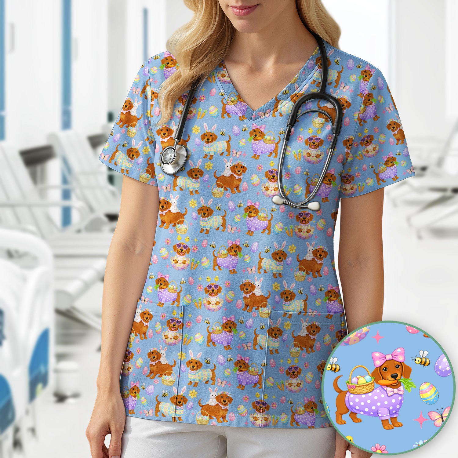 Cute Easter Dachshund Dog Pattern Scrub Top, Breathable Healthcare Uniform Top
