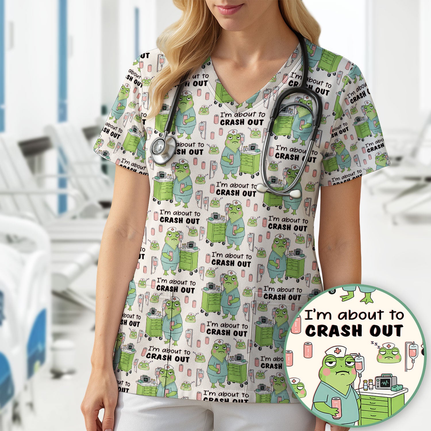 Funny Frog Pattern Nurse Scrub Top, I’m About to Crash Out Nurse Shirt, Breathable Fabrics Nursing Uniform
