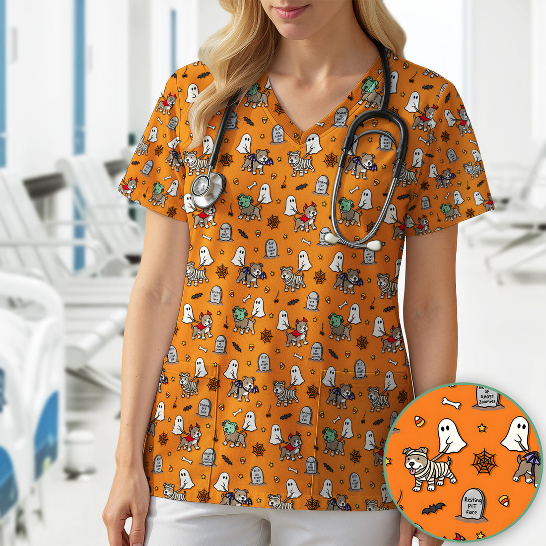 Cute Halloween Pit Bull Costumes Scrub Top, Comfortable Scrubs for Nurses