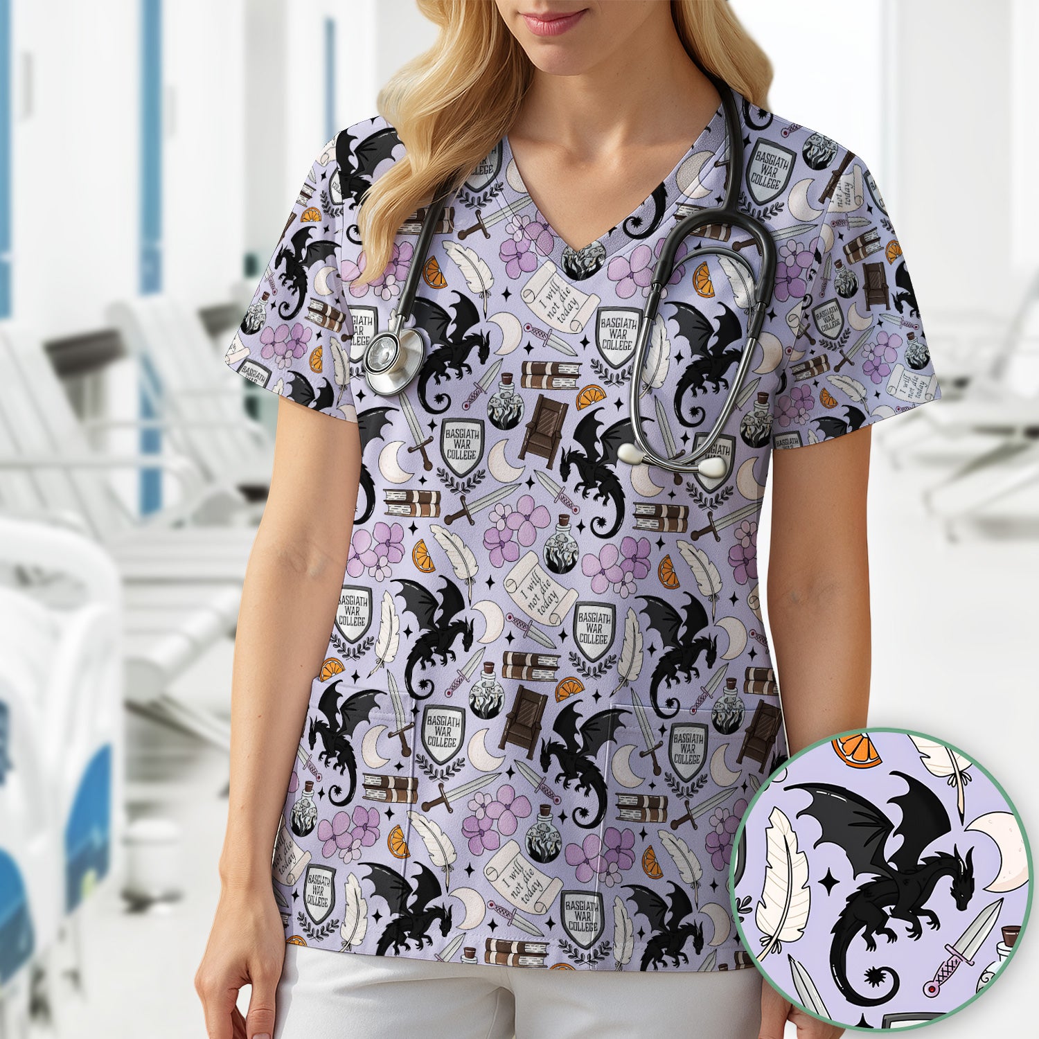 Spooky Gothic Fantasy Dragon Pattern Scrub Top, Comfortable Scrubs for Nurses
