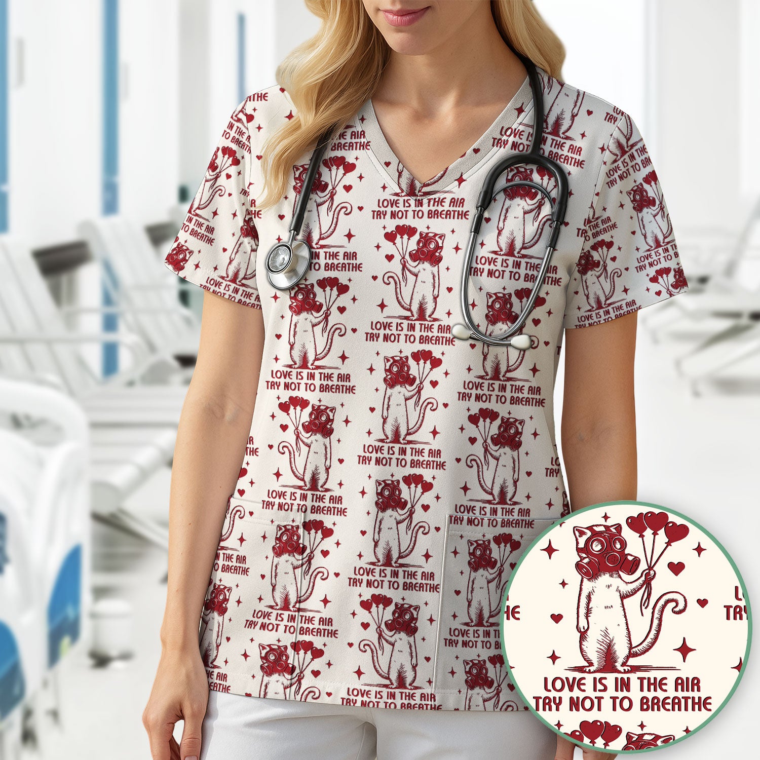 Gas Mask Cat Heart Balloon Valentine Print Scrub Top, Comfortable Scrubs for Nurses
