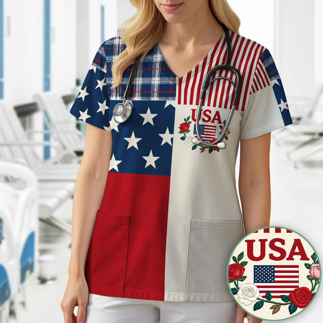 USA Flag Rose Patchwork Pattern Scrub Top, Comfortable Scrubs for Nurses