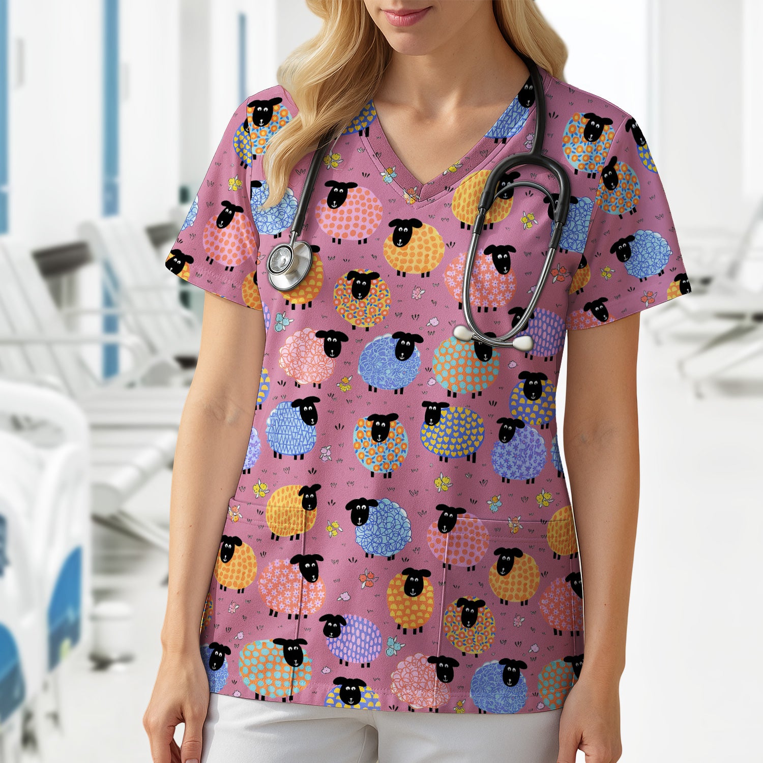 Funny Colorful Sheep Pattern Scrub Top, Comfortable Scrubs for Nurses