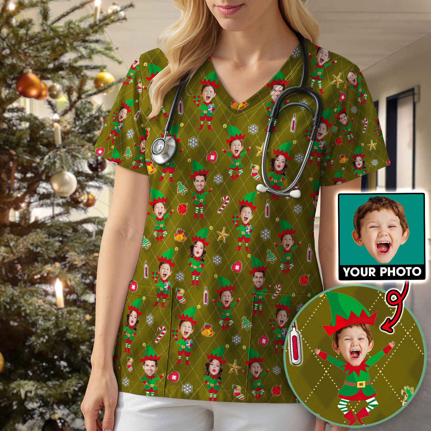 Personalized Face Nurse Shirt, Custom Photo Christmas Scrub Top, Funny Holiday Medical Uniform For Nursing