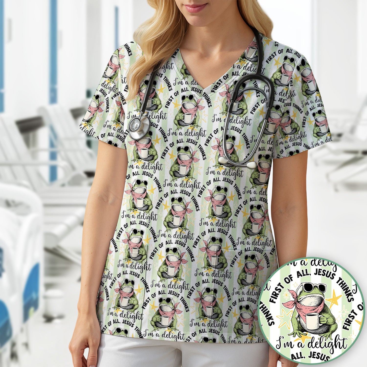 Funny Frog Coffee Quote Pattern Scrub Top, Comfortable Scrubs for Nurses