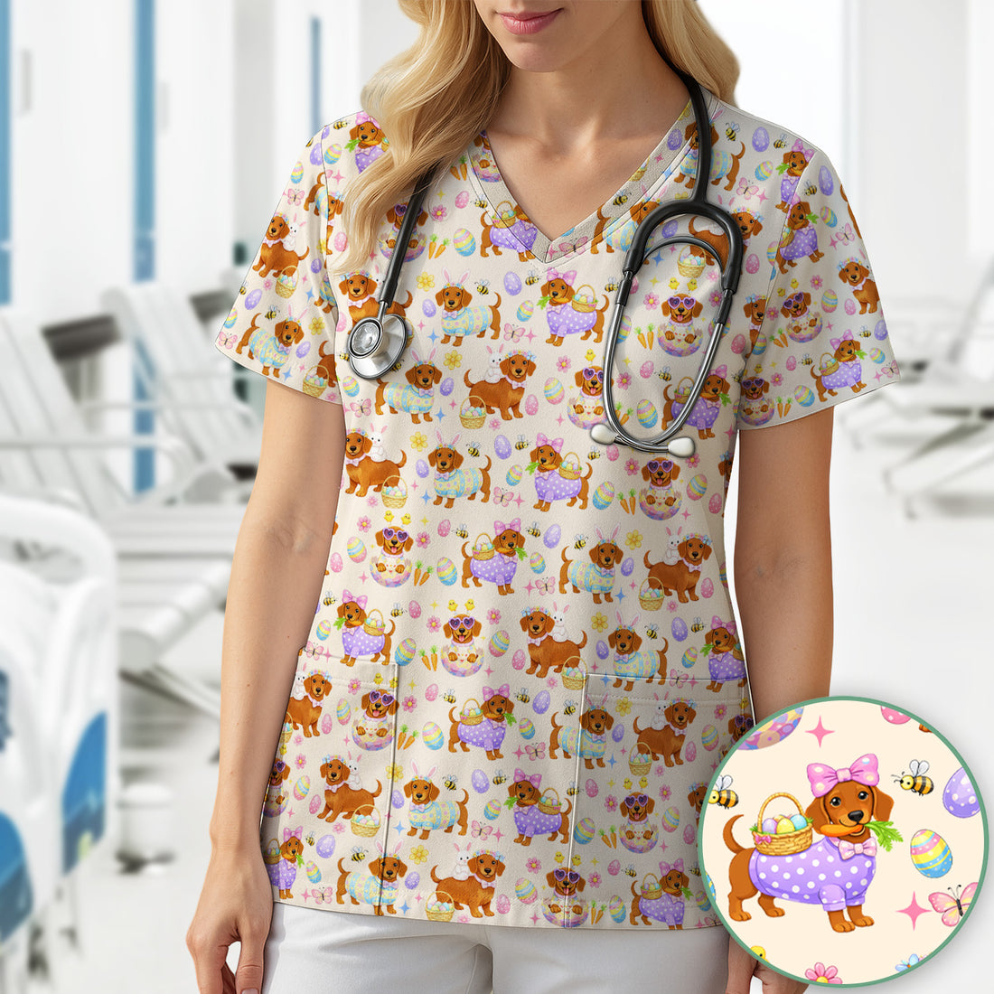 Cute Easter Dachshund Dog Pattern Scrub Top, Breathable Healthcare Uniform Top