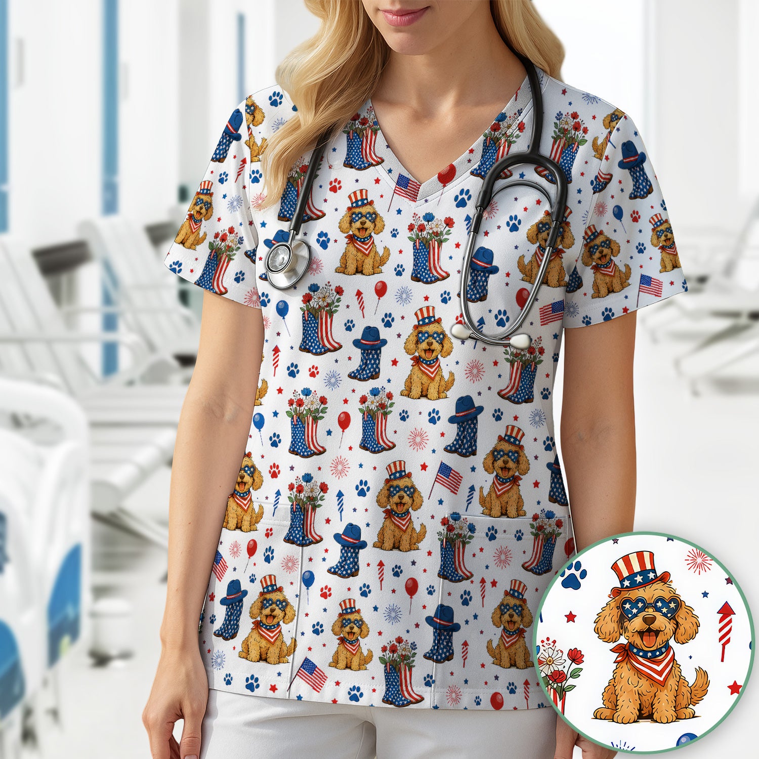 Patriotic Puppy Cowboy Boots Pattern Scrub Top, Comfortable Scrubs for Nurses