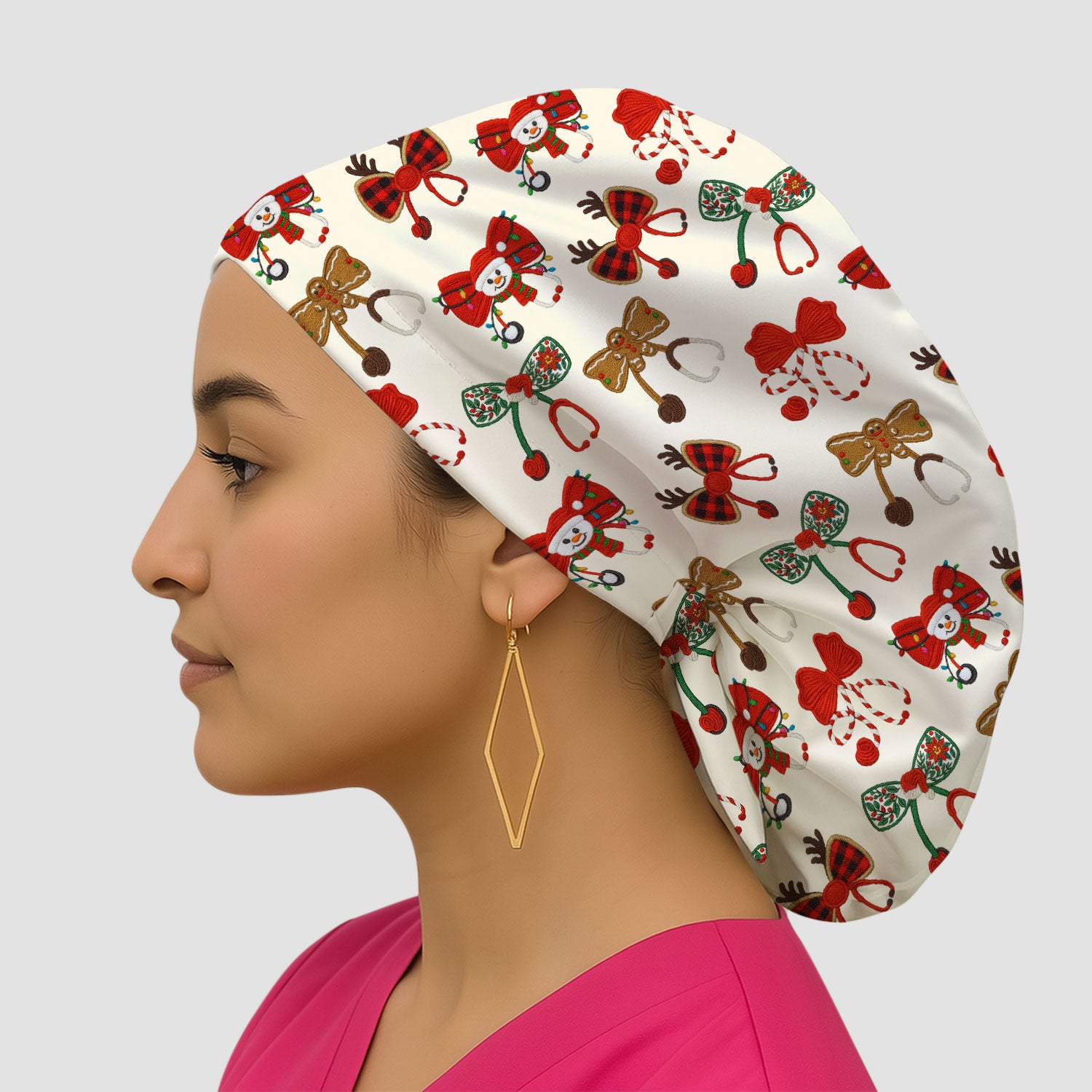 Christmas Stethoscope Bow Nurse Scrub Cap, Xmas Pattern Scrub Hat, Holiday Nursing Uniform