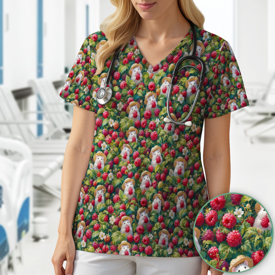 Cute Raspberry Mouse Garden Pattern Scrub Top, Comfortable Scrubs for Nurses