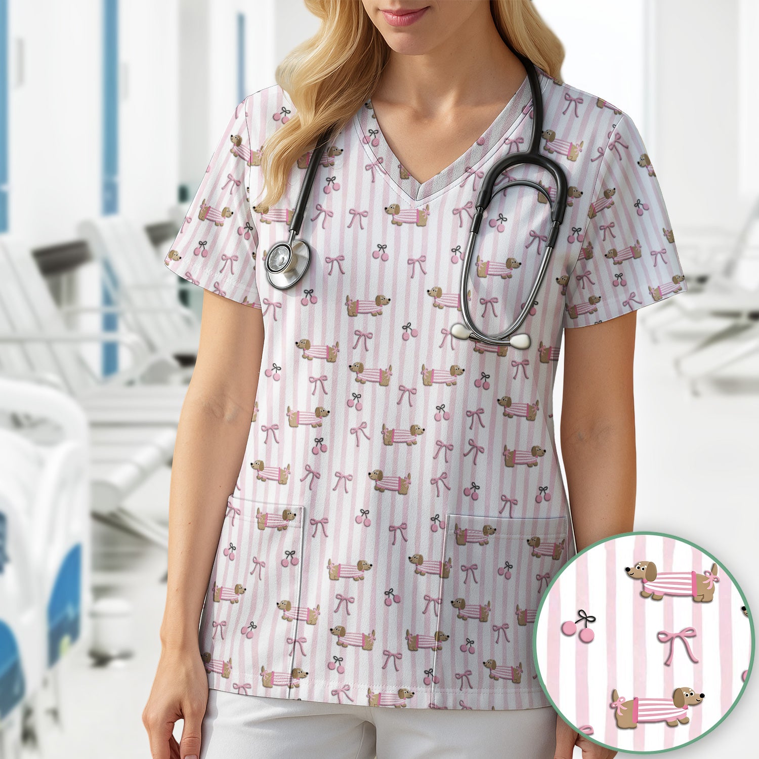 Cute Dachshund Pink Stripe Pattern Scrub Top, Breathable Fabrics Nursing Uniform