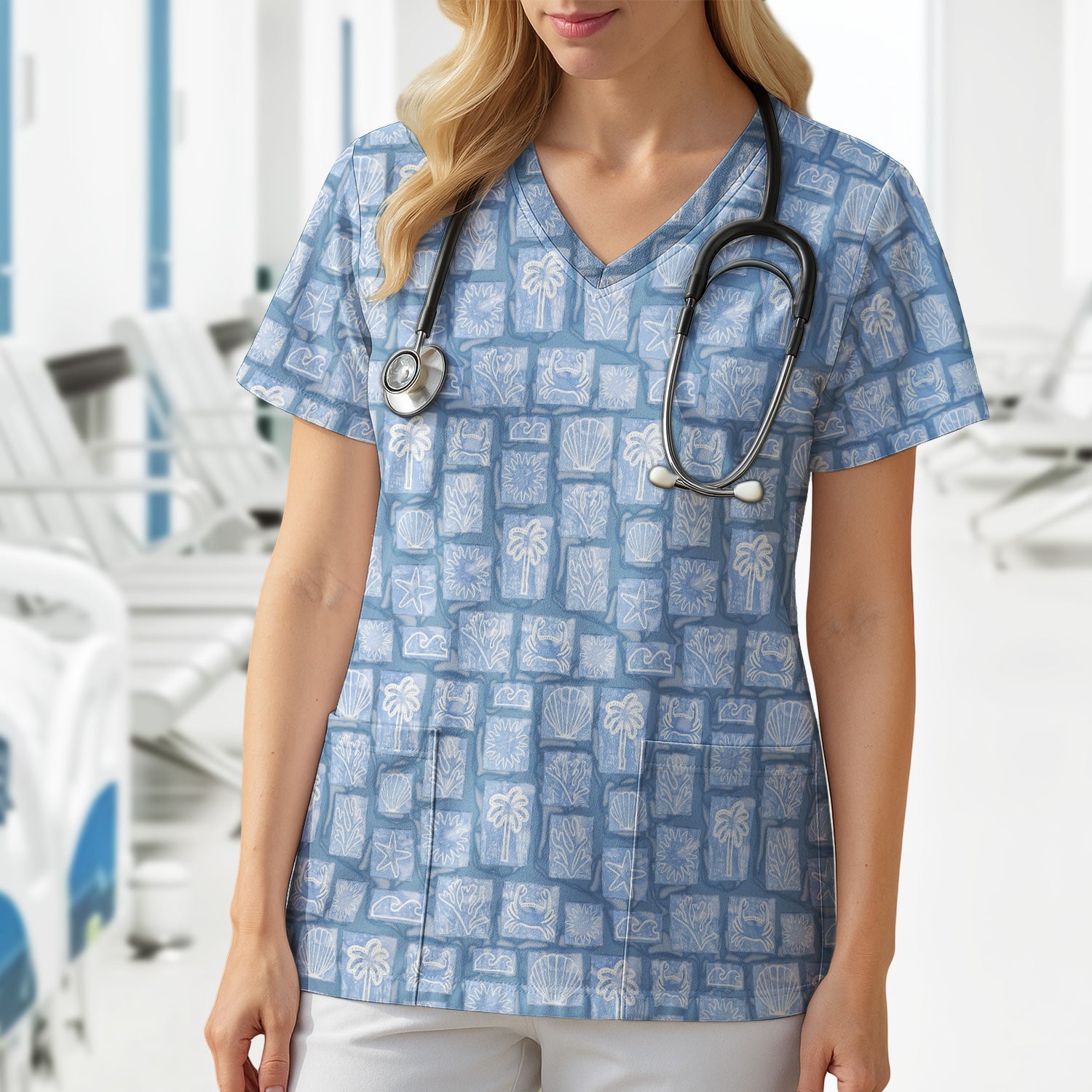 Coastal Seashell Starfish Nurse Pattern Scrub Top, Breathable Medical Scrubs