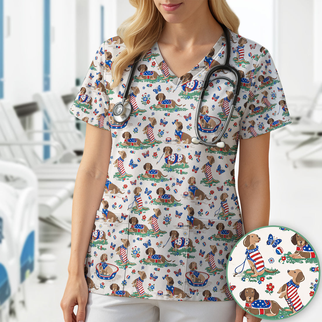 Patriotic Dachshund Garden Party Pattern Scrub Top, Comfortable Scrubs for Nurses