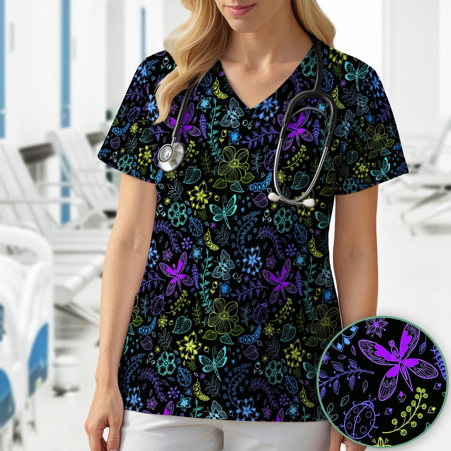 Neon Butterfly and Floral Garden Pattern Scrub Top, Comfortable Scrubs for Nurses