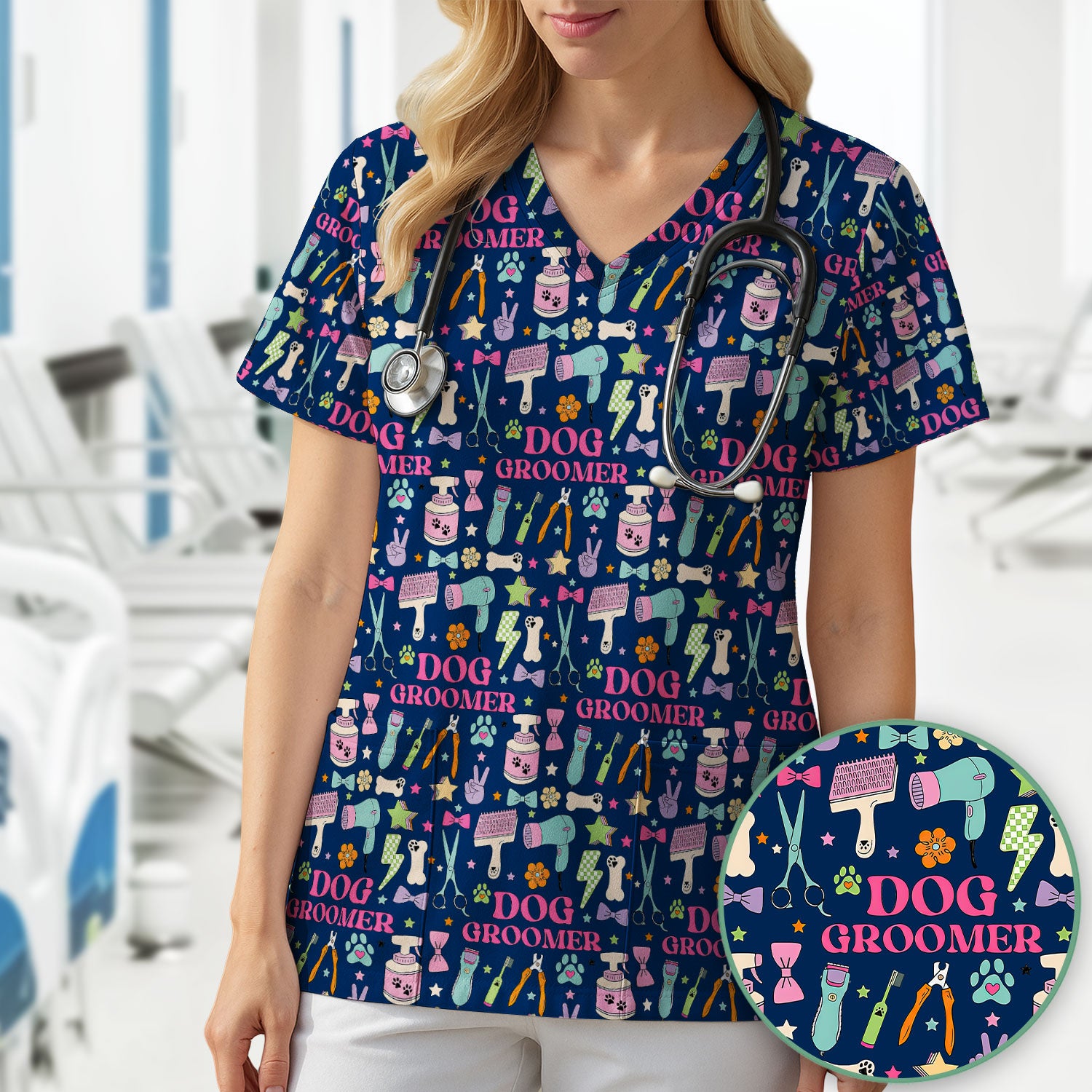 Dog Groomer Tools Pattern Nursing Scrub Top, Comfortable Scrubs for Nurses