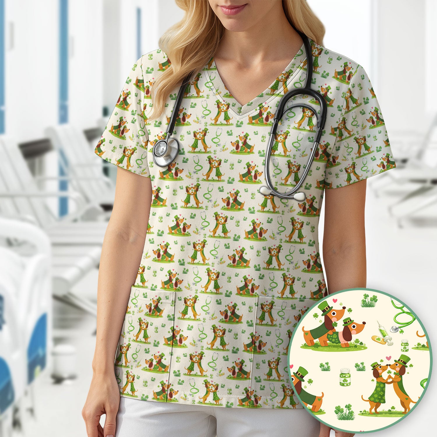 Valentine Cute Dachshund Nurse Shirt, Dog Heart Pattern, Comfortable Scrubs for Nurses