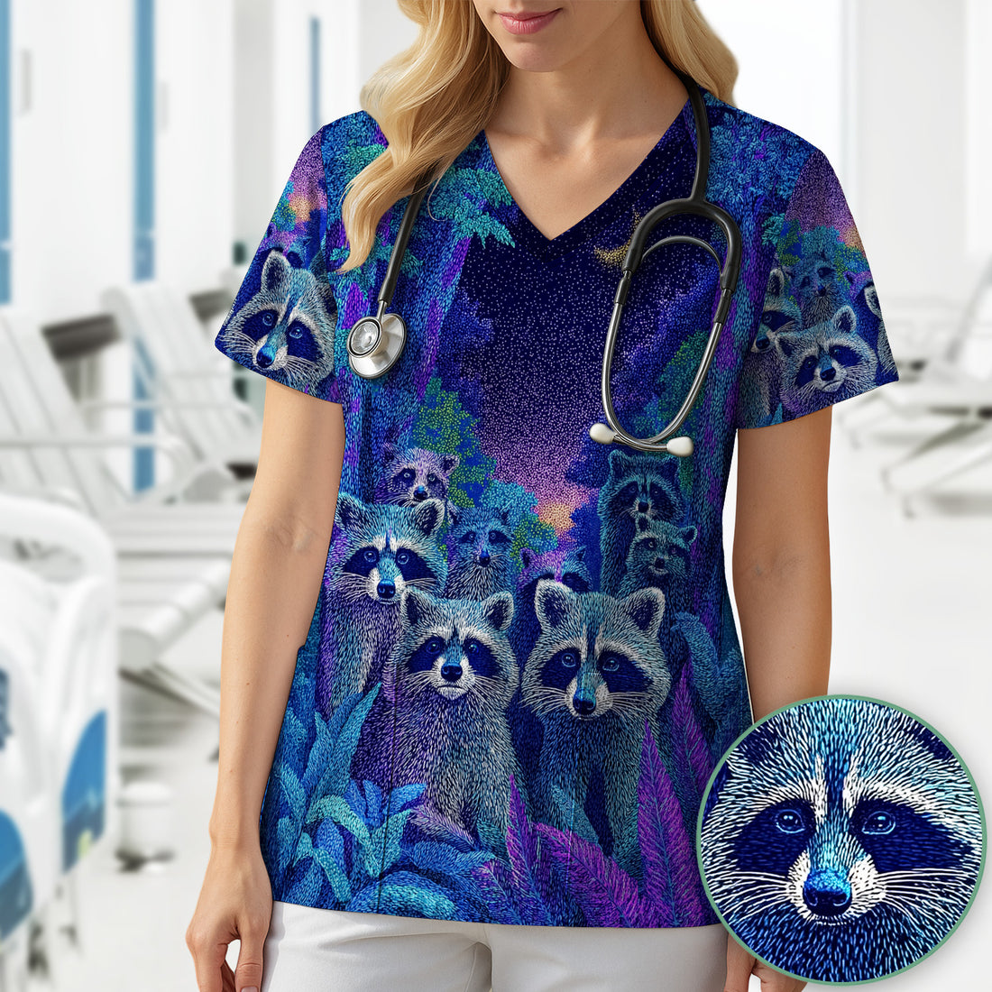 Moonlit Raccoon Pattern Scrub Top, Comfortable Scrubs for Nurses