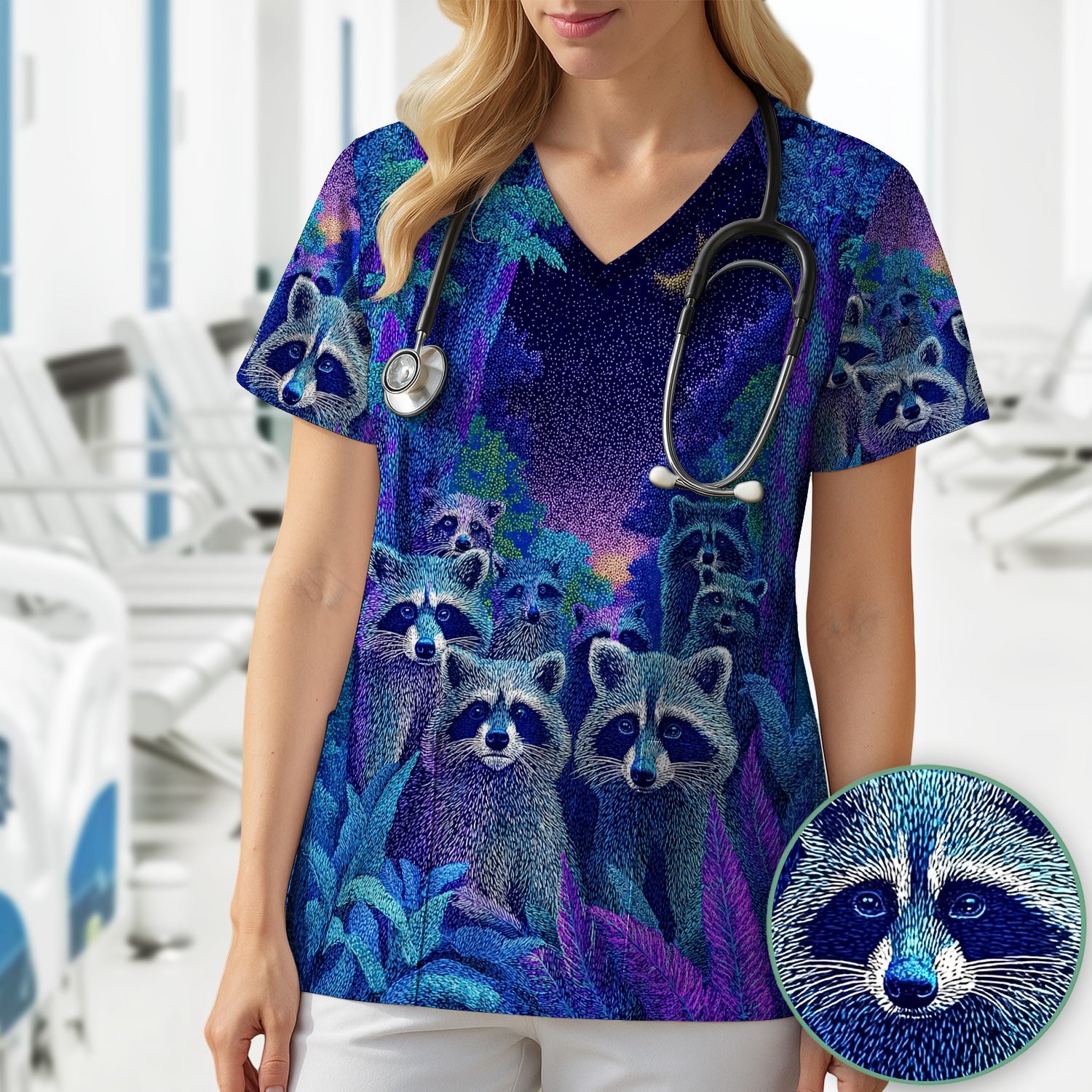 Moonlit Raccoon Pattern Scrub Top, Comfortable Scrubs for Nurses