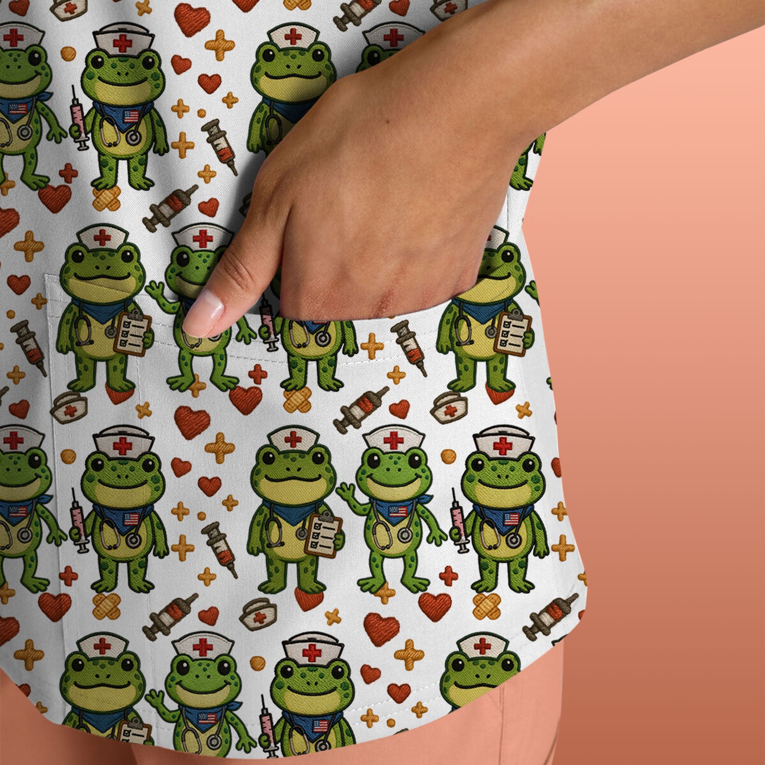 Frog Pattern Scrub Top, Cute Frog Scrub Shirt, Breathable Fabrics Nursing Uniform