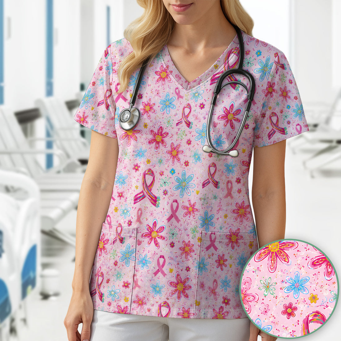 Floral Breast Cancer Awareness Print Scrub Top, Comfortable Scrubs for Nurses