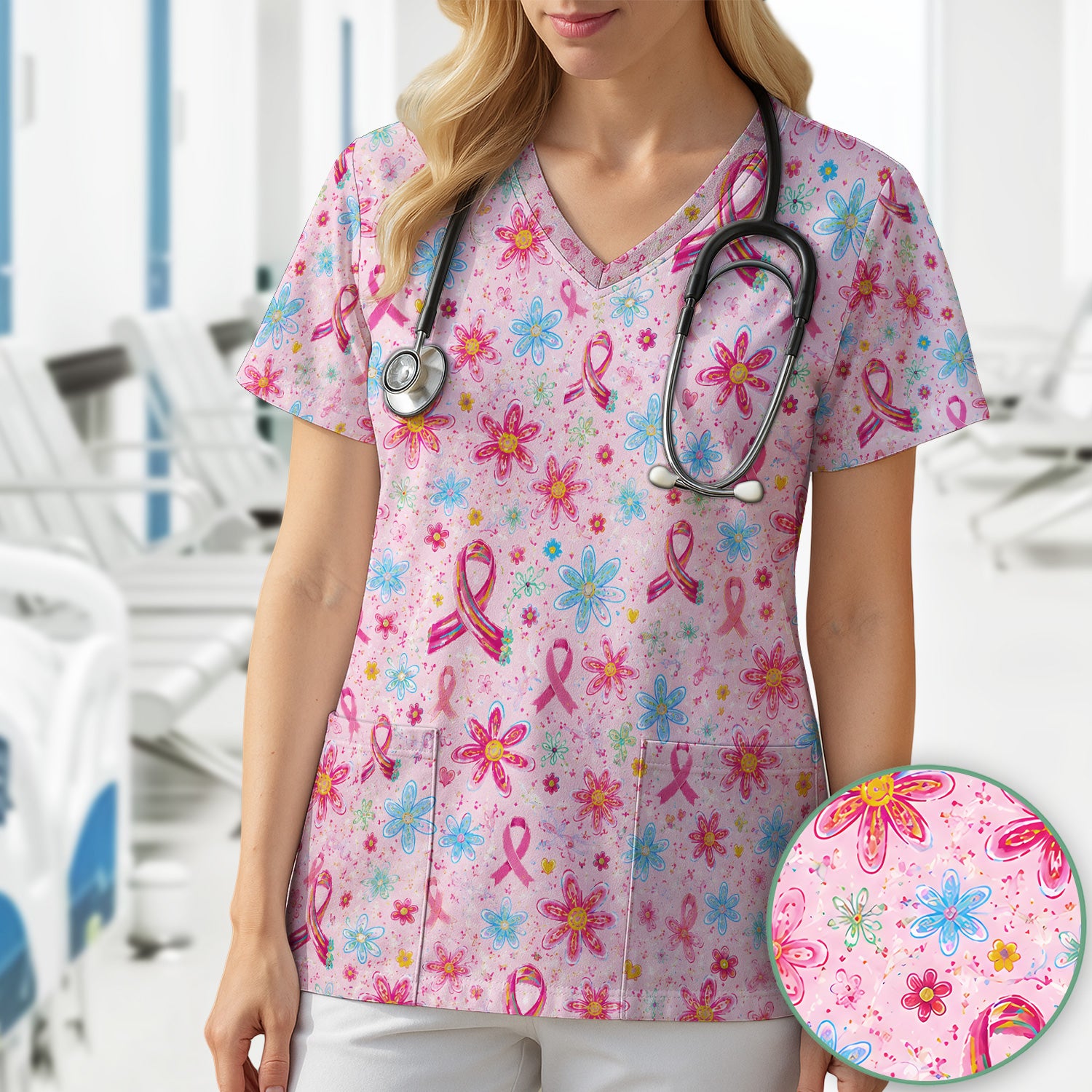 Floral Breast Cancer Awareness Print Scrub Top, Comfortable Scrubs for Nurses